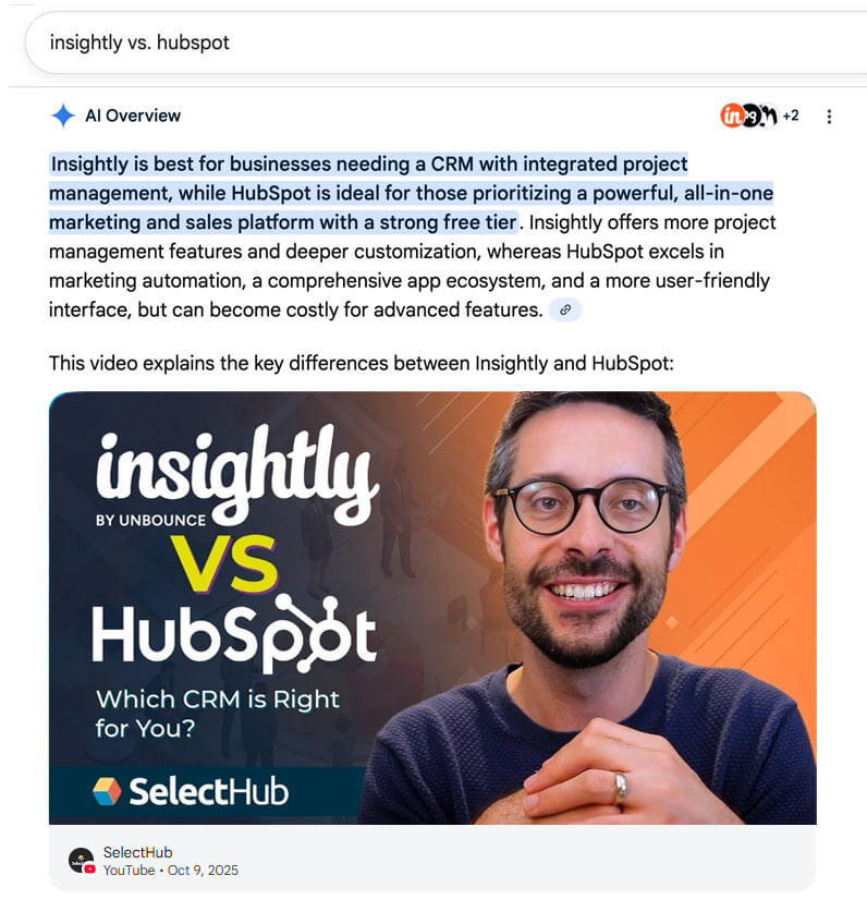 Insightly vs HubSpot ranking in a Google AI Overview